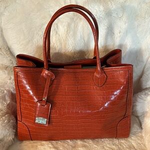 Like New Claudia Firenze Croc Embossed Satchel/Tote Bag, Rust/Orange, Italy